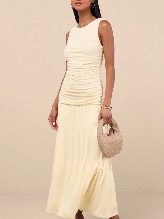 Lulus Dresses & Skirts - Lulus Tamber Light Yellow Jersey Knit Drop Waist Midi Dress XL